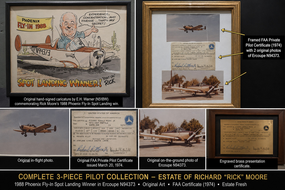 Warner N51BW Aviation Pilot Collection Ercoupe N94373 FAA License Spot Landing